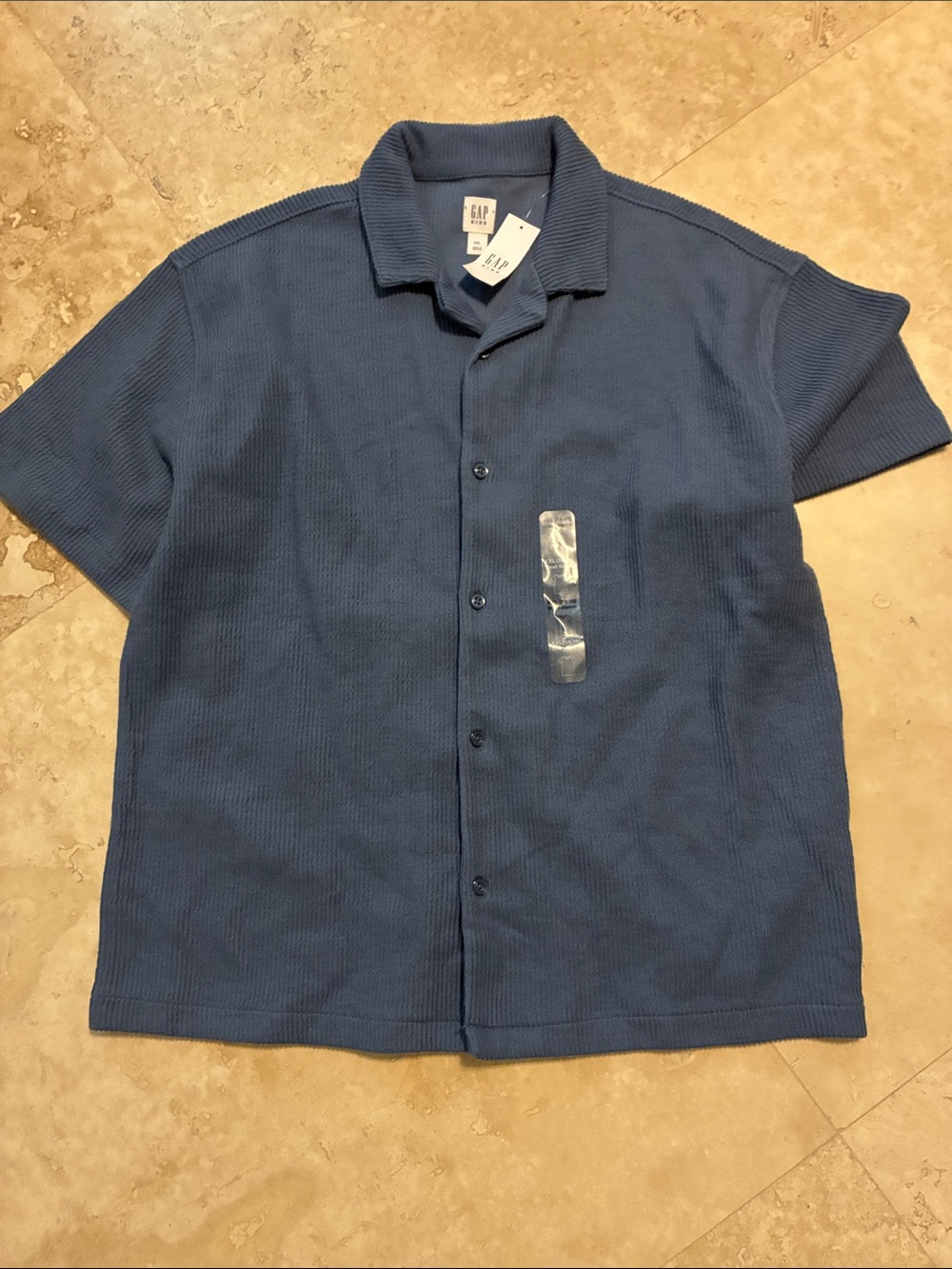 GAP Blue Short-Sleeve Knit Button-Down Shirt